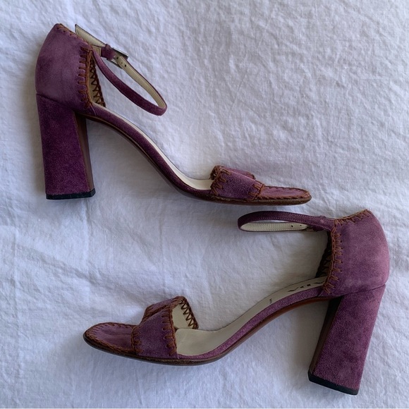 Vintage Prada Suede Stitch Square Toe Sandal Block Heels Purple - Picture 4 of 7